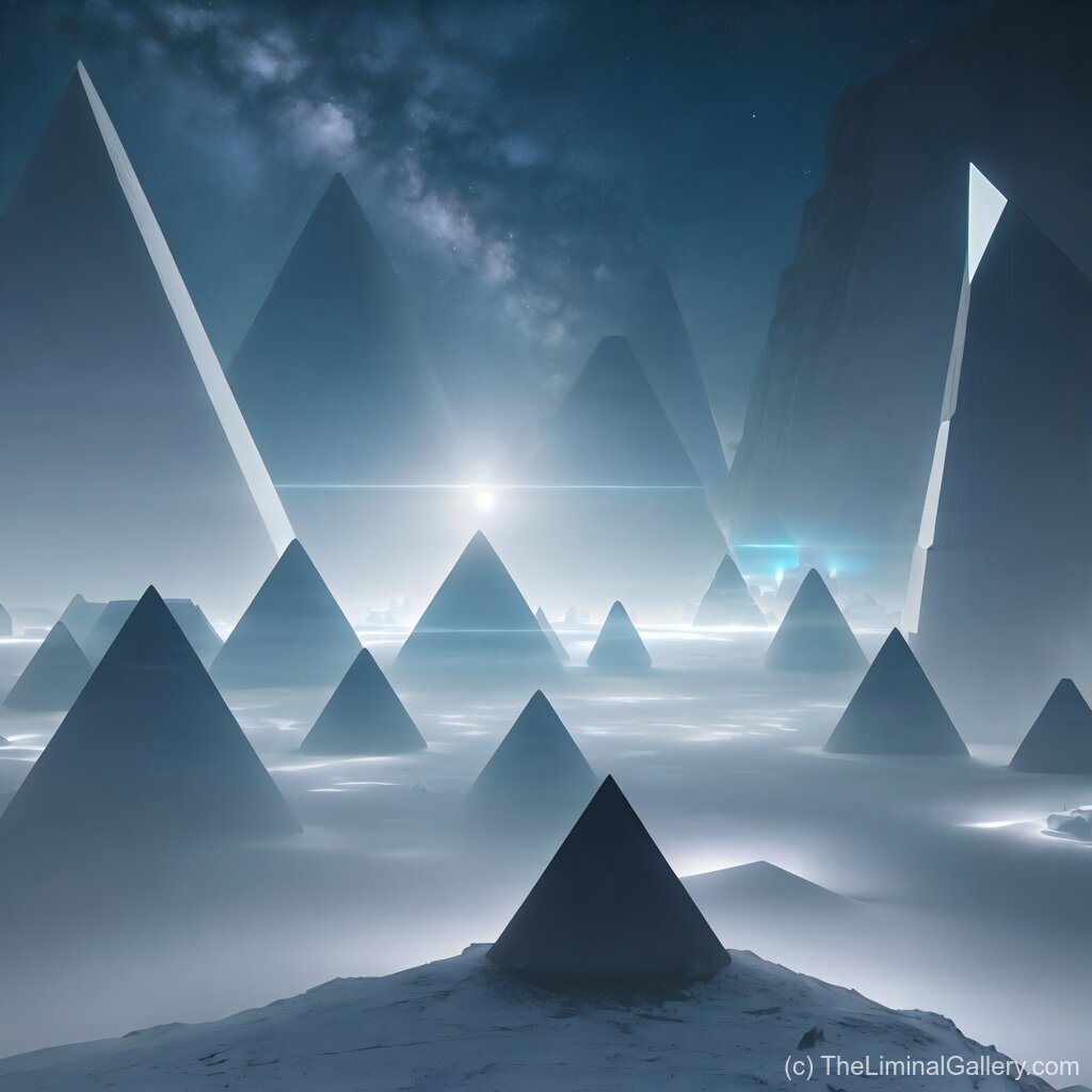 A shadowed valley adorned with glowing pyramids, capturing mysticism, history, and surreal beauty.